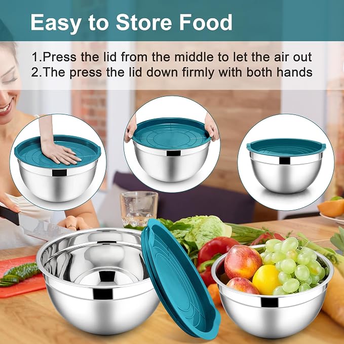 E-far Mixing Bowls with Lids, 6-Piece Stainless Steel Salad Bowls Metal Nesting - Image 7