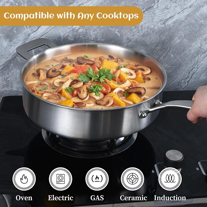 LOLYKITCH Sauté Pan, 6QT Tri-Ply Stainless Steel Deep Cooking Pan, 12 Inch - Image 4