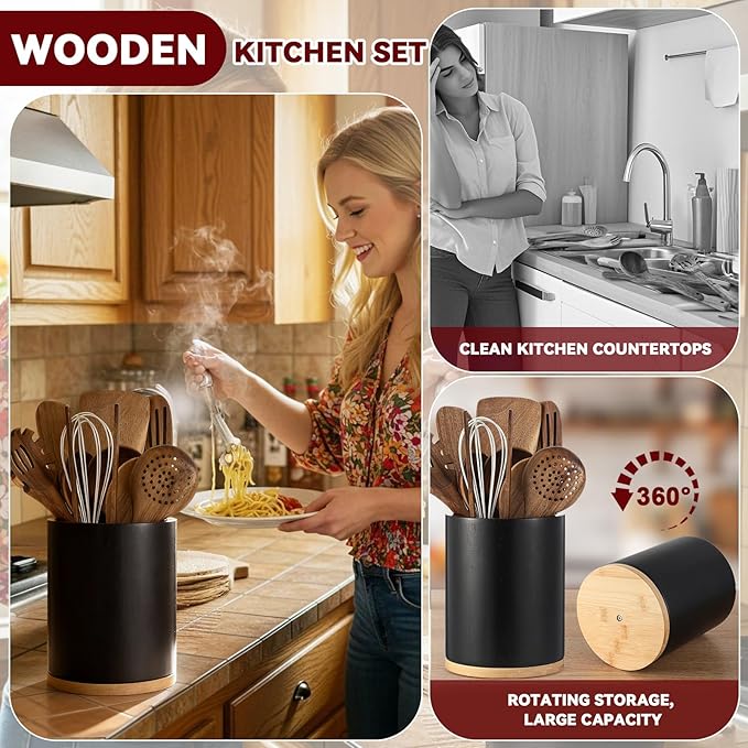 SiliFine 11 Pcs Wooden Kitchen Utensils Set - Image 5