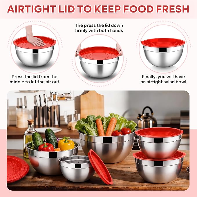 E-far Mixing Bowls With Lids Sets of 5, 10-Piece Stainless Steel Salad Metal - Image 6