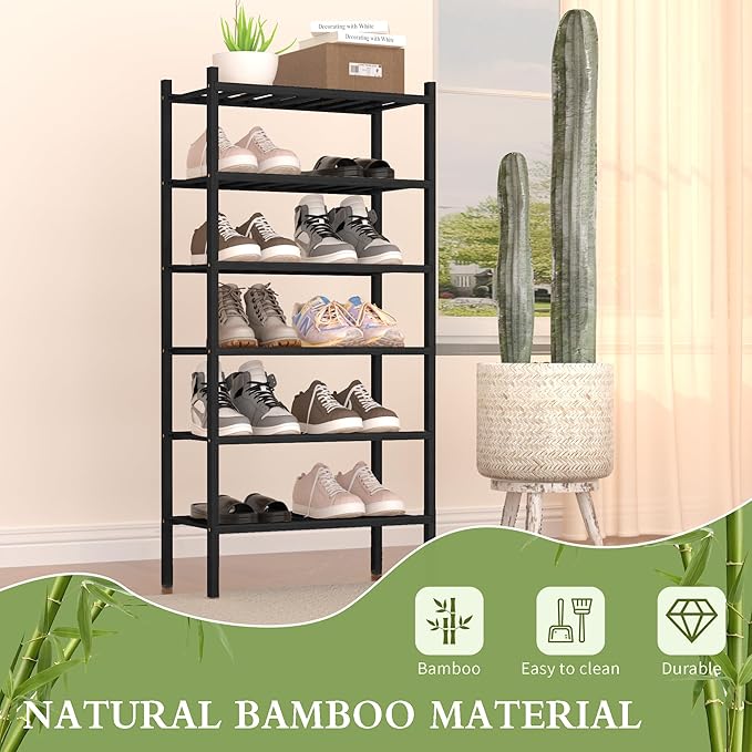 ROMGUAR CRAFT 6-Tier Bamboo Small Shoe Rack, Free Standing Wood Shoe Shelf - Image 4
