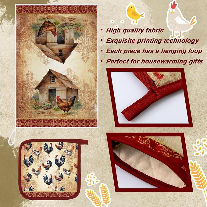 Leinuosen 6 Rooster Farmhouse Kitchen Decor Dish Towels Oven Mitts and Pot - Image 5