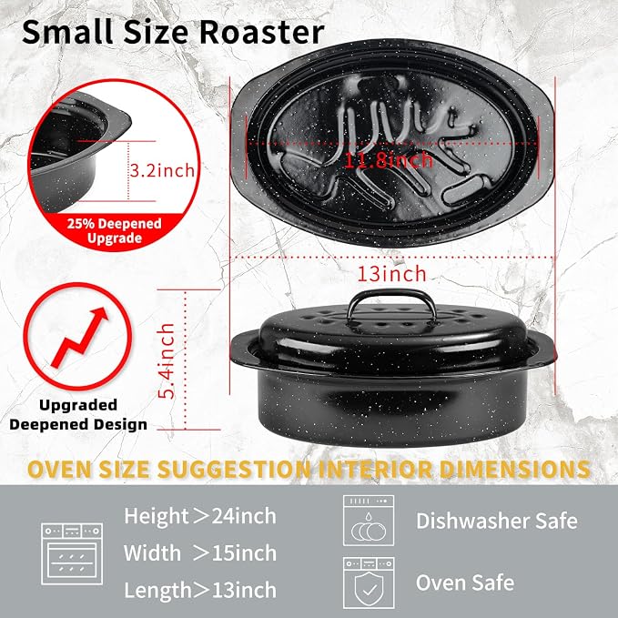 JY COOKMENT Granite Roaster Pan, Small 13” Enameled Roasting Pan - Image 3
