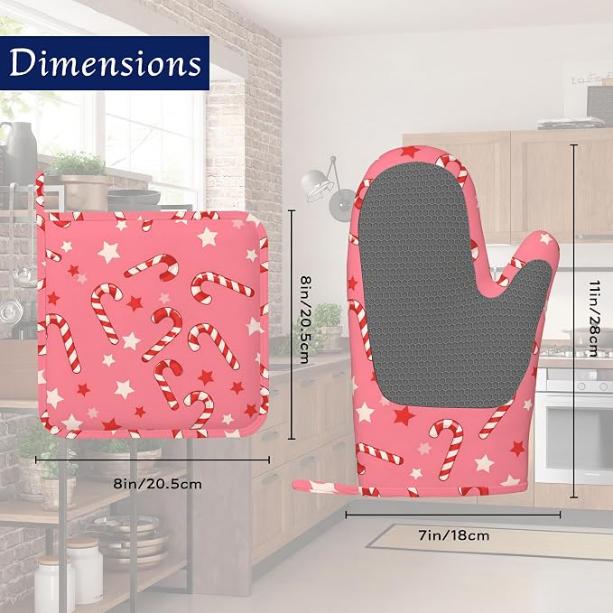 Pink Christmas Candy Cane Pot Holders and Oven Mitts Set Silicone Stars Kitchen - Image 2