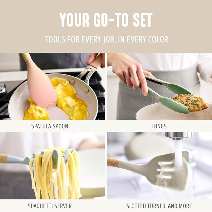 GreenLife 11 Piece Silicone Utensil Crock Set, Nonstick Kitchen Tools, Slotted - Image 4