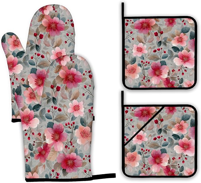 Vintage Pink Cherry Blossoms Oven Mitts and Pot Holders, Heat Resistant Oven by Unknown