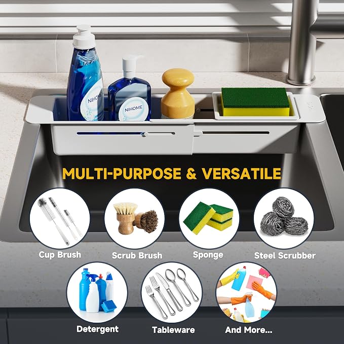 NiHome Extendable Over Sink Kitchen Organizer, Small Telescopic Brush Storage - Image 7