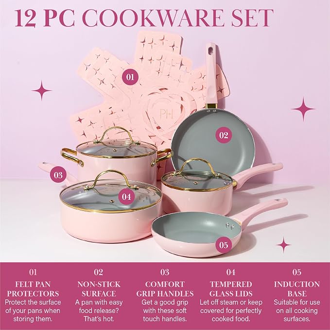 Paris Hilton Epic Nonstick Pots and Pans Set, Tempered Glass Lids, Soft Touch - Image 3