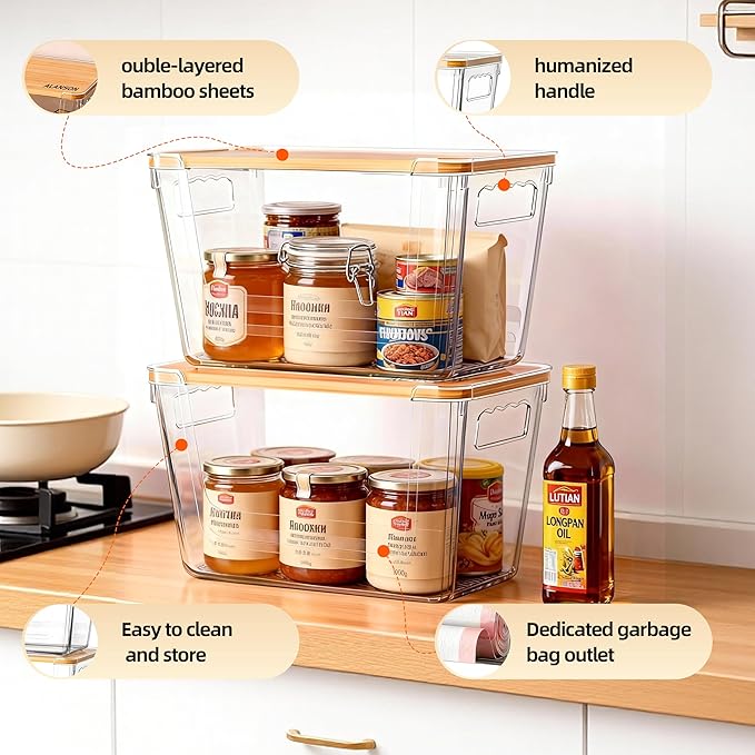 4 Pack Clear Storage Bins with Bamboo Lid, Garbage Bag Dispenser, Pantry - Image 5