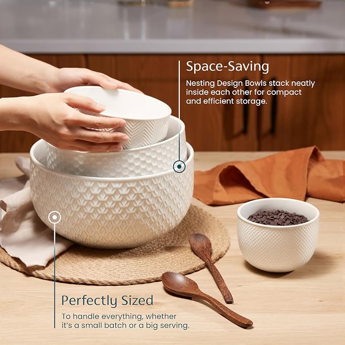 KooK Ceramic Mixing Bowls, Nesting Set of 4, Embossed Kitchen Dishware - Image 2