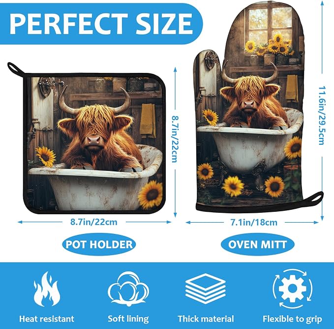 Highland Cow Sunflower Oven Mitts and Pot Holders Sets Heat Resistant 4Pcs - Image 2