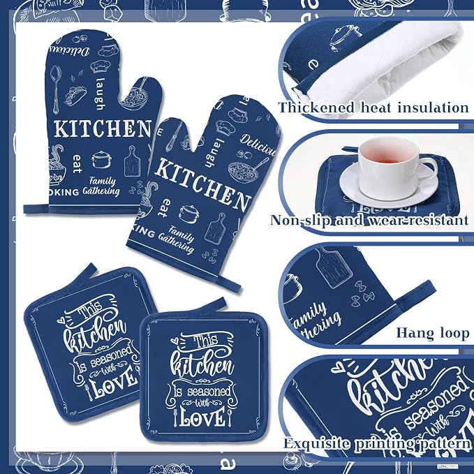 12 Pcs Farmhouse Kitchen Oven Mitts and Pot Holders Decor Sets 4 Blue Kitchen - Image 5