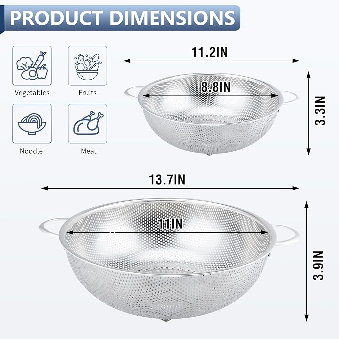 Gulex Colander Stainless Steel 3-Quart, Metal Strainer - Image 2