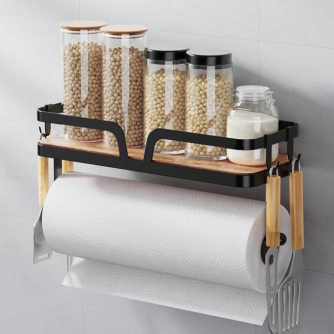 Taozun Paper Towel Holder Wall Mount, Kitchen Paper Holder Spice Rack Black by Taozun