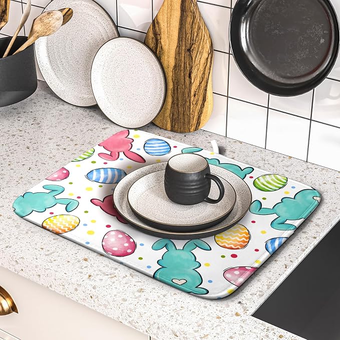 Easter Dish Drying Mat for Kitchen Counter Colorful Bunny Holiday Microfiber - Image 5