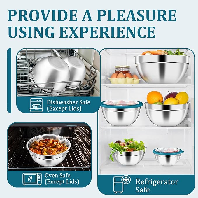 P&P CHEF Mixing Bowls with Visible Airtight Lids Set of 5, 10-Piece Stainless - Image 6