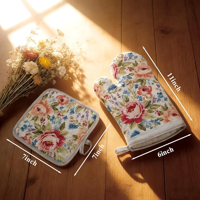 Floral Oven Mitts and Pot Holders Sets 2 Pcs, Canvas Heat Resistant Kitchen - Image 4