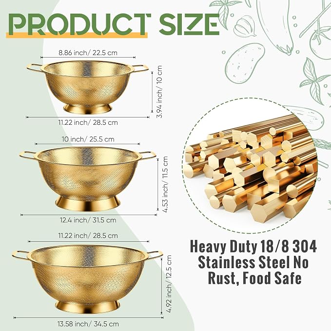 Bokon 3 Pcs Stainless Steel Colander Set Colander Bowl and Sieves 1/3/5 Quart - Image 2
