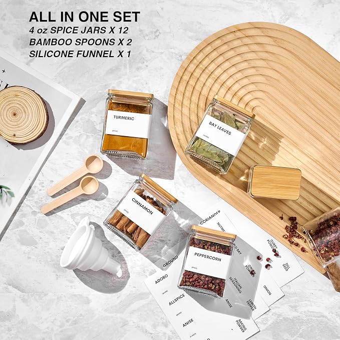 Glass Spice Jars with Bamboo Lid, 4oz Square Spice Containers - Image 3