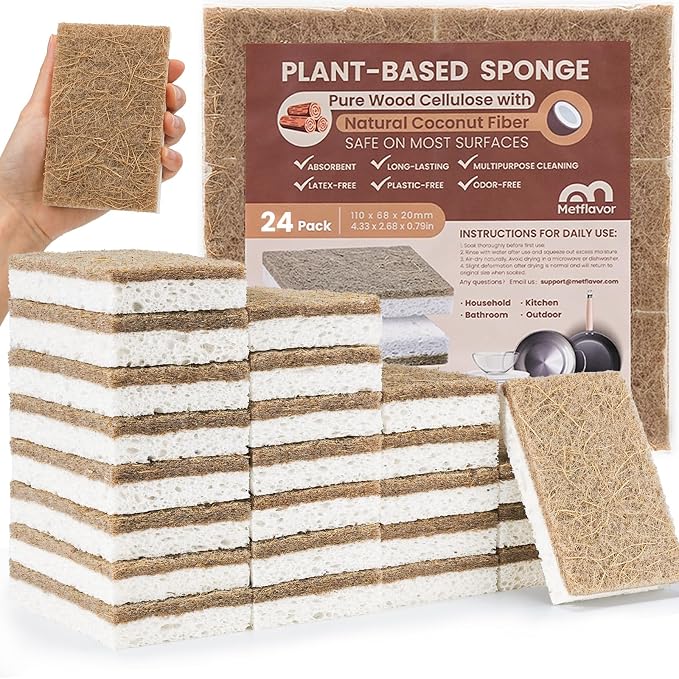 Metflavor 24 Pack Natural Kitchen Sponges, Biodegradable Non-Scratch Cellulose by Metflavor