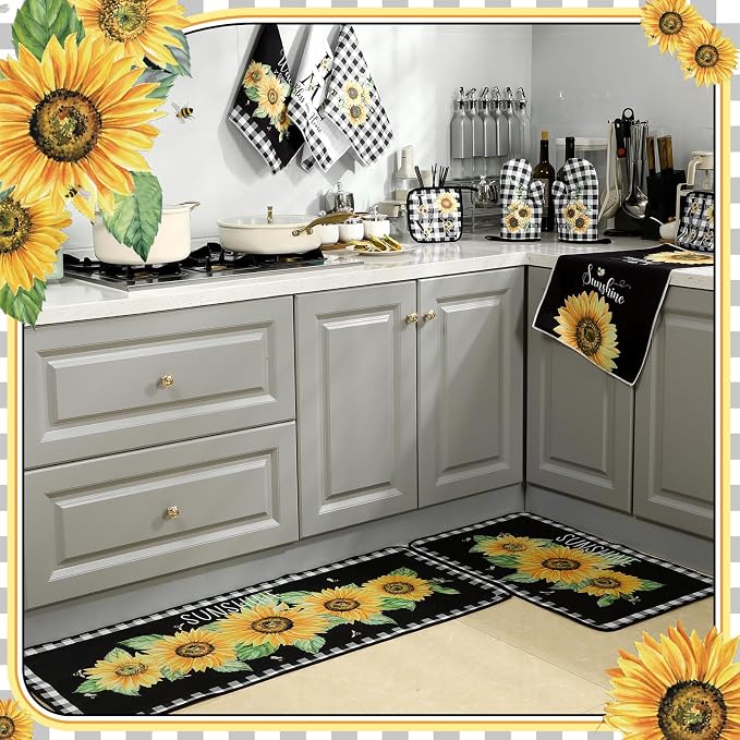 Fourluoo 10 Pcs Sunflower Kitchen Decor 4 White and Black Buffalo Plaid Kitchen - Image 6