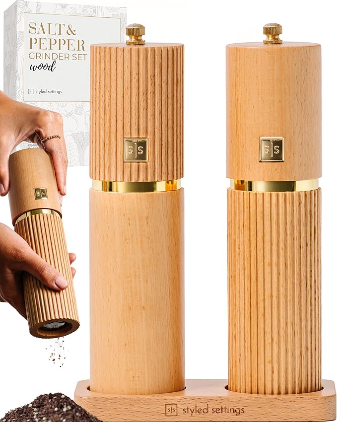 Wooden Salt and Pepper Grinder Set – Refillable Manual Salt and Pepper Mills by STYLEDSETTINGS
