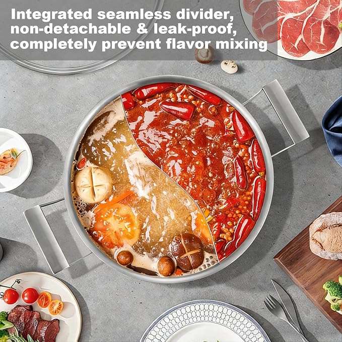 Delarlo 6.8QT Tri-Ply Stainless Steel Double-flavor Shabu Shabu Pot 12 inch - Image 4