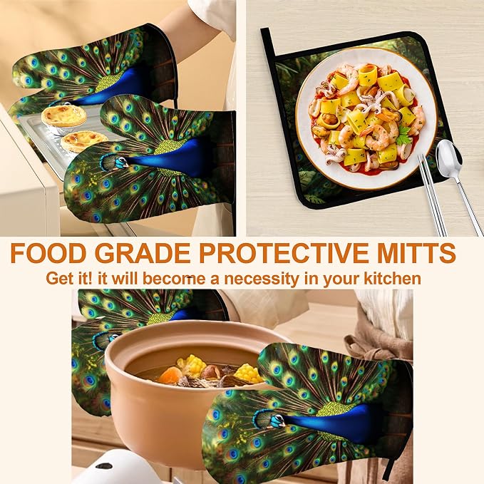 Peacock Pattern Oven Gloves and Hot Pads Set - Image 5
