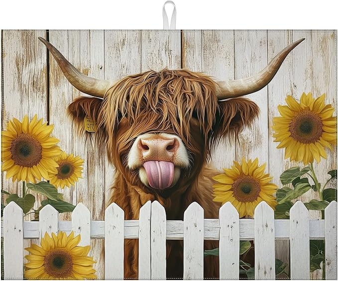 Sunflower Highland Cow Dish Drying Mat by MOUNTANLLY