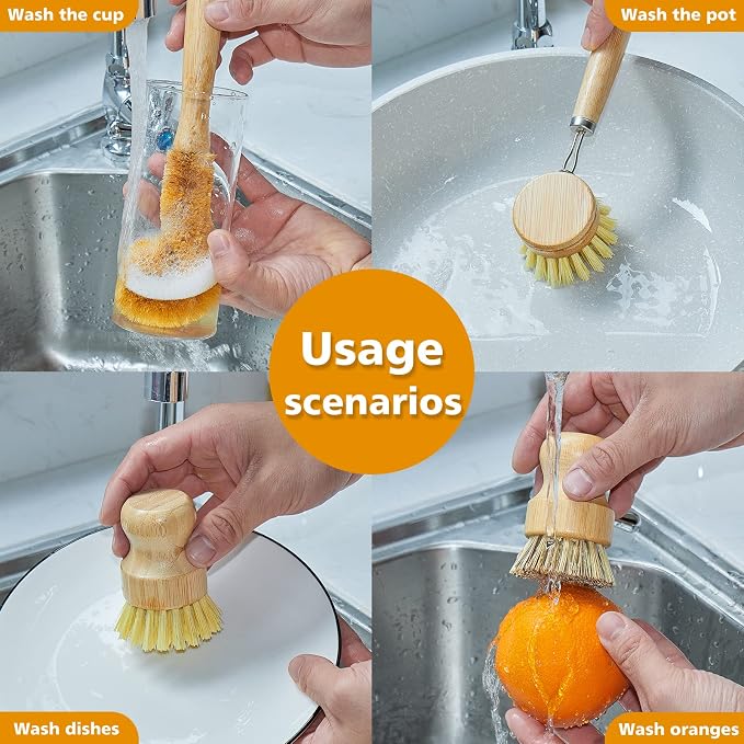SAMEBUTECO Bamboo Dish Brushes Sets 4 Tools in One Kitchen Clean Dish Scrubber - Image 3
