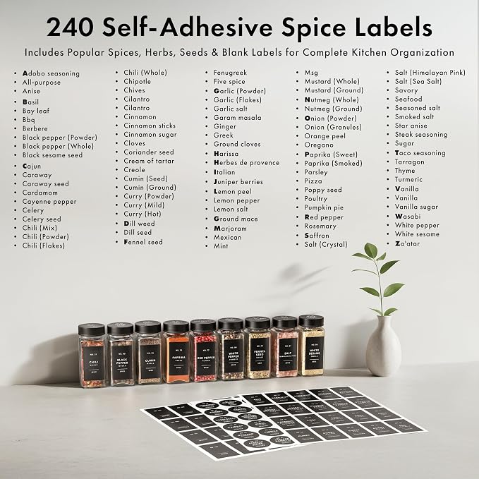 EDELHAUS Glass Spice Jars with Label and Black Lids Spice Containers with 240 - Image 7