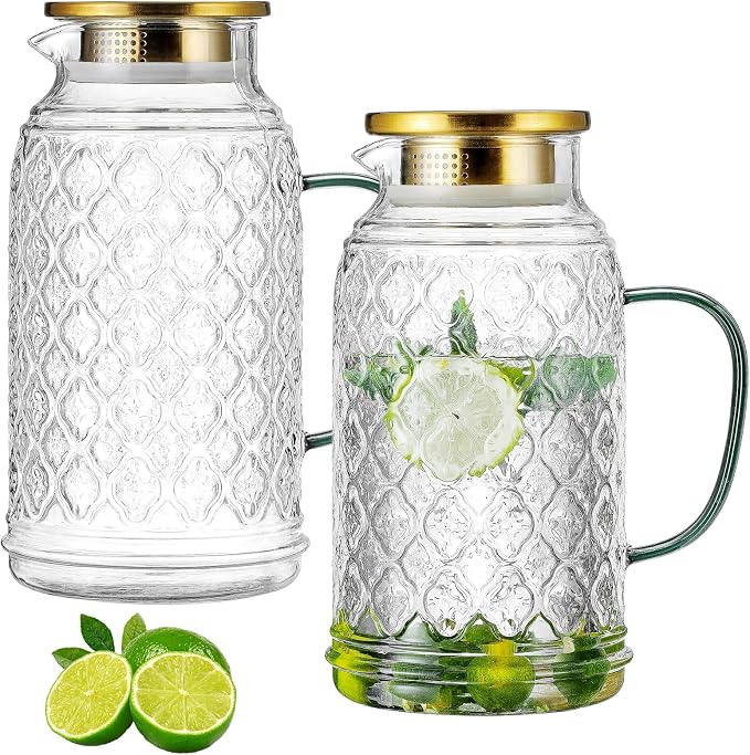 Buaic Glass Pitcher with Lid, 2 PACK 84 oz/2.5L Liter Vintage Water Pitcher by Buaic