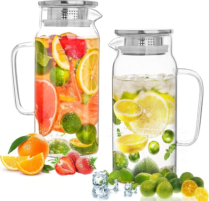 Set of 2 Glass Pitcher with Lid, 1200ml Leak Proof, Glass Water Jugs, Microwave by Liuruiyu