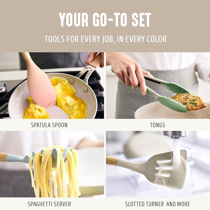GreenLife 11 Piece Silicone Utensil Crock Set, Nonstick Kitchen Tools, Slotted - Image 4