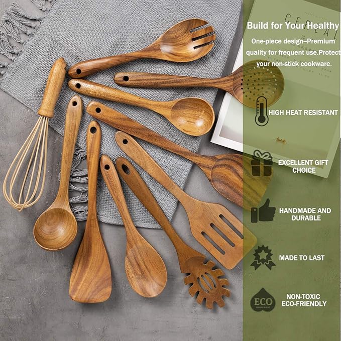AIUHI 10 Pack Wooden Spoons for Cooking, Teak Wood Kitchen Utensils Set for Non - Image 2