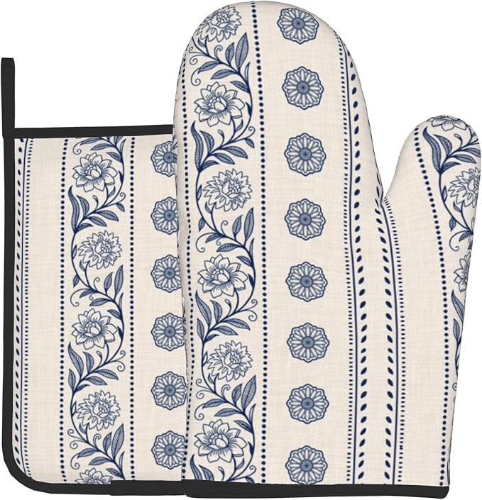 Boho Oven Mitts Set – Vintage Floral Pot Holders Kitchen Gloves by DZGlobal