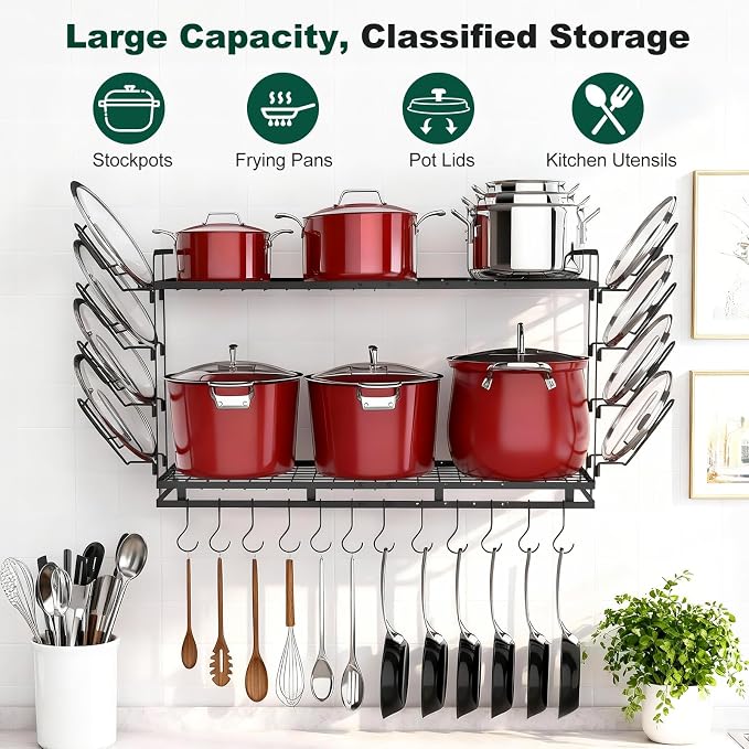 Housolution Pot Rack Wall Mounted, 3 Level Height Adjustable, 2 Tier Heavy Duty - Image 2