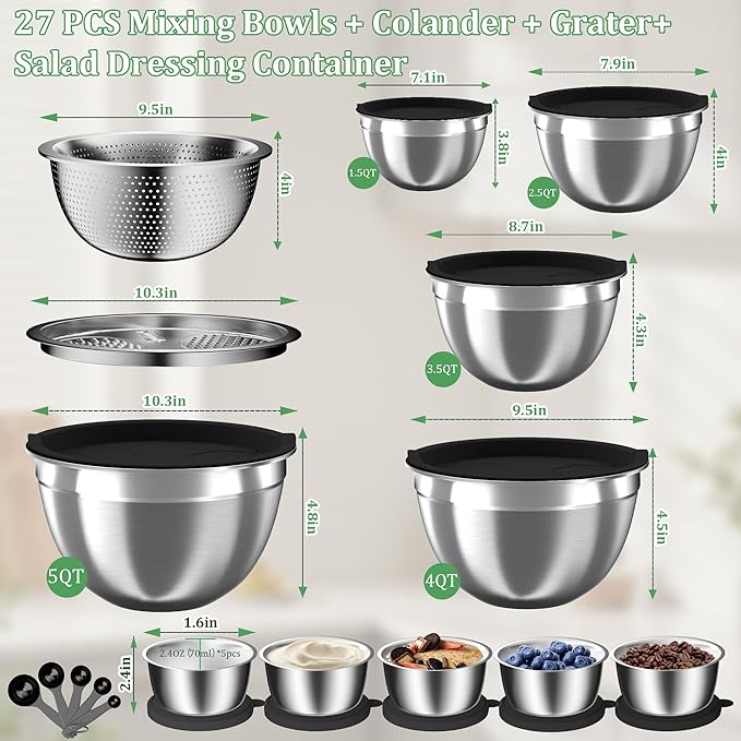 Mixing Bowls with Lids Set, Metal Salad Bowls with Colander, Grater & Dressing - Image 8