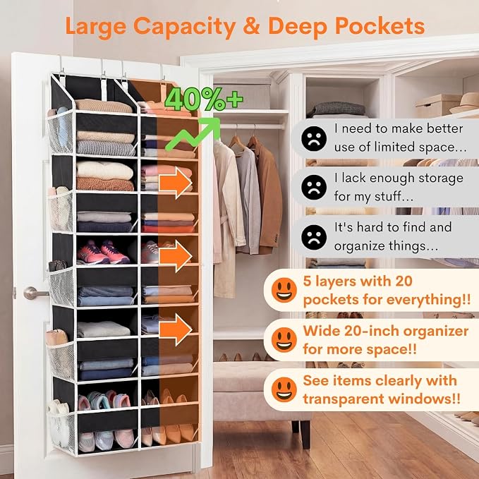 Over the Door Organizer 5 Tiers, Extra Large Behind Door Storage of 10 - Image 2