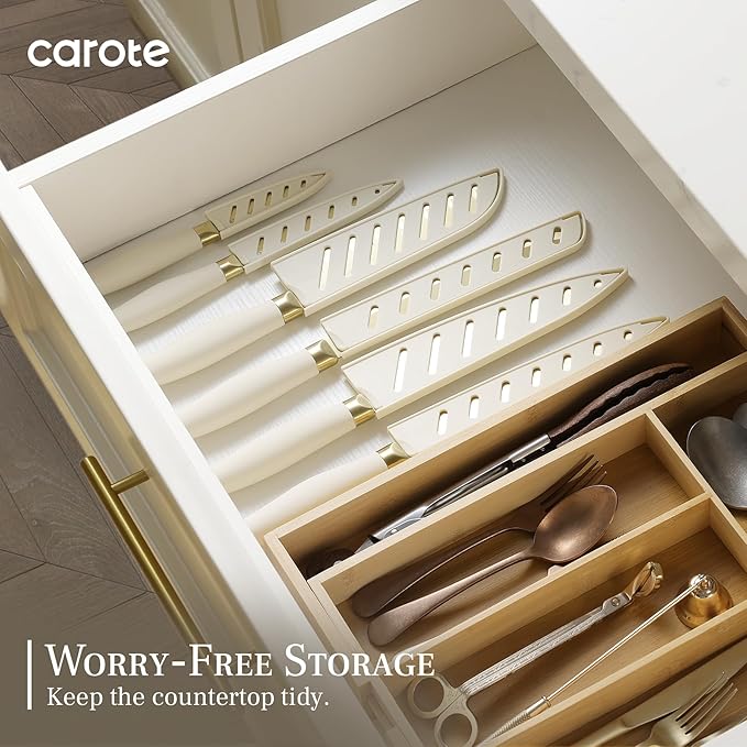 CAROTE 12PCS Kitchen Knife Set, Healthy Gold Titanium Coating Knife Set - Image 6
