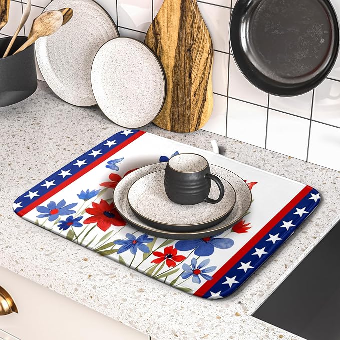 Giwawa 4th of July Flower Dish Drying Mat 16"x18" Independence Day Stars Dish - Image 5
