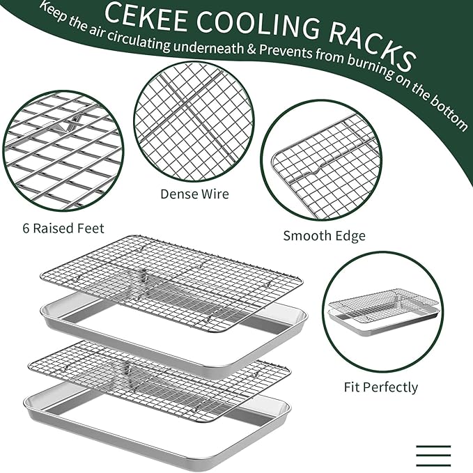 Half Sheet Pans with Rack Set, CEKEE Stainless Half Size Large Baking Sheets - Image 4