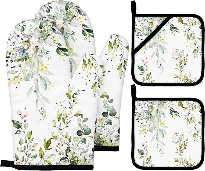 Eucalyptus Leaves Oven Mitts and Pot Holders Sets Sage Green Botanical Floral by Imvertu
