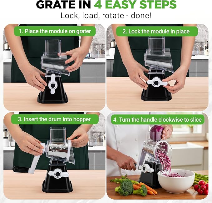 Nutrichef 3 in 1 Cheese Grater & Shredder | Strong Suction Base, Rotary Handle - Image 2