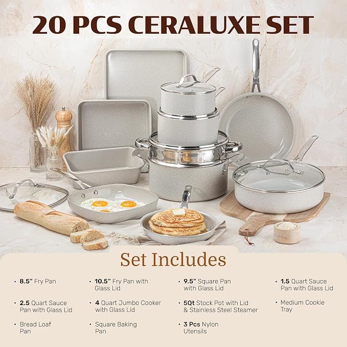 Granitestone Ceraluxe 20 Pc Ceramic Cookware Set Nonstick, Complete Pots and - Image 2