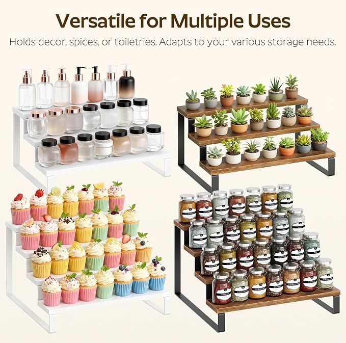 YATINEY Spice Rack, 3 Tier Wooden Display Riser Stand, Kitchen Storage Organizer - Image 5