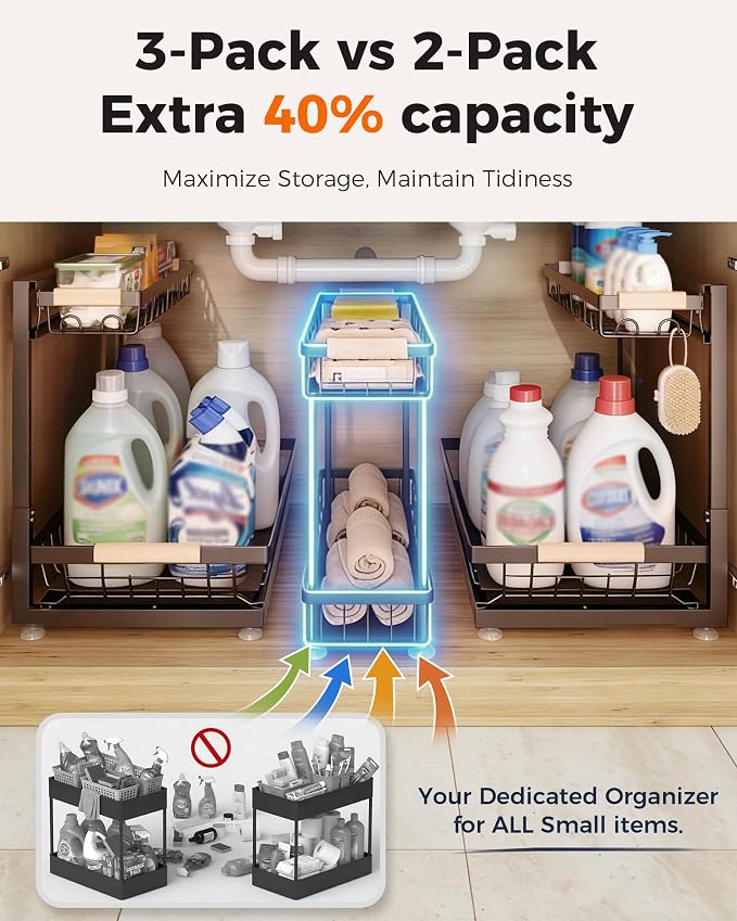 Sevenblue 3 Pack Under Sink Organizer, Height Adjustable Storage Shelves - Image 4