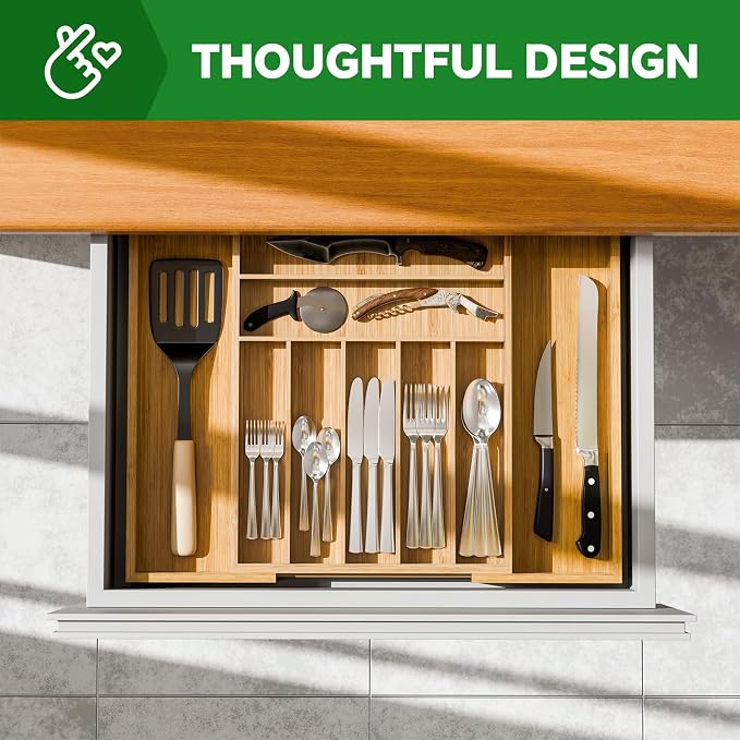 Simple Trending Bamboo Kitchen Drawer Organizer, Expandable Silverware Organizer - Image 5