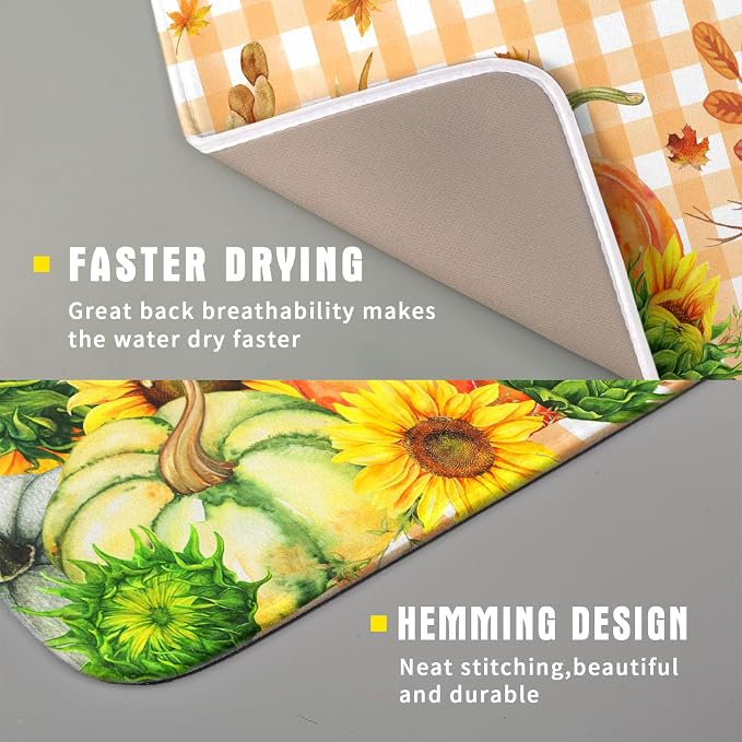 Autumn Maple Leaf Orange White Check Plaids Dish Drying Mat - Image 3
