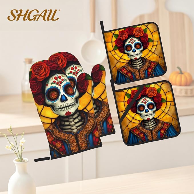 Flower Skull Oven Mitts with Matching Potholders - Image 2